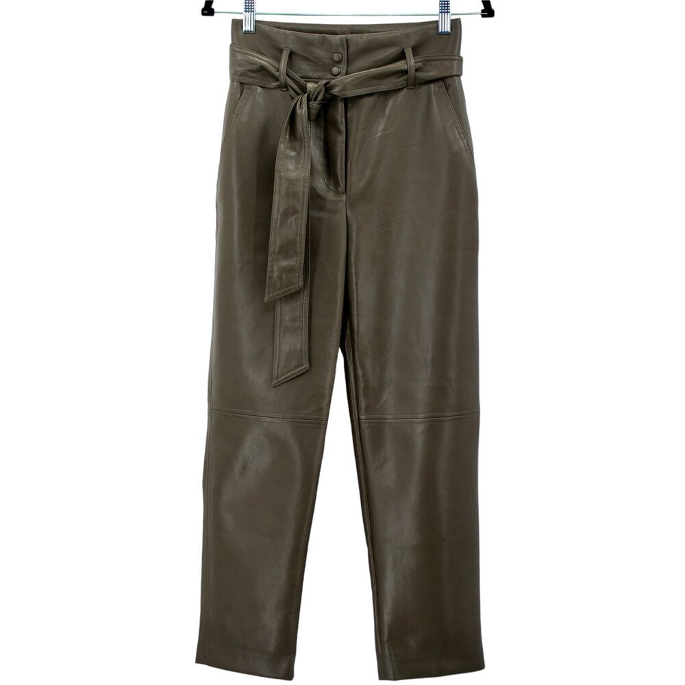 Aritzia Wilfred High Tied Faux Leather Belted Pants Olive Pockets Vegan 79497 2